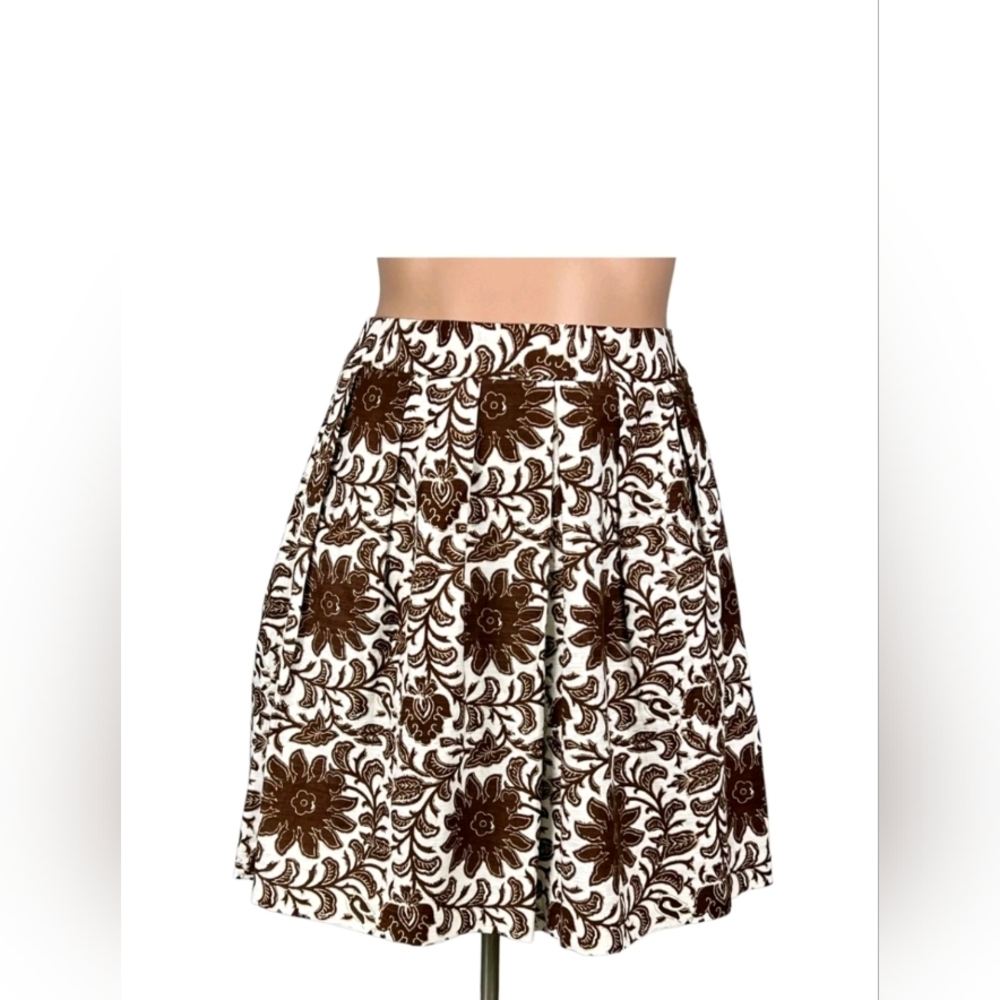 Talbots Womens Floral Pleated A Line Skirt Brown Linen Blend Pockets size 16